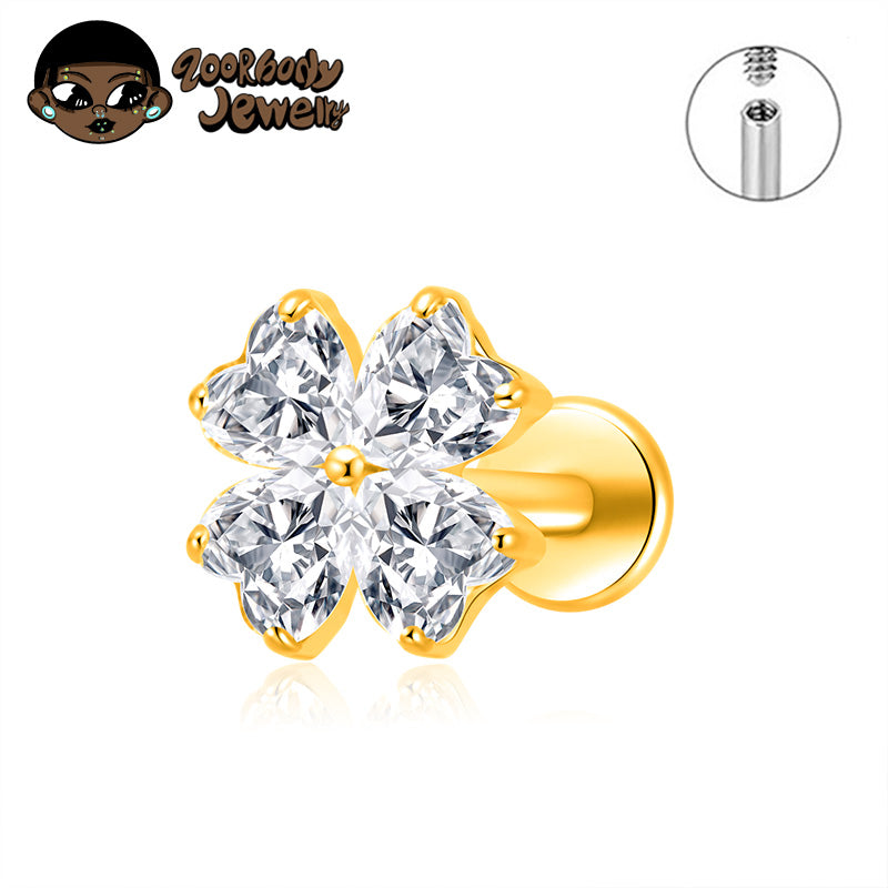ZOOR ASTM F136 Titanium Four Leaf Clover Heart CZ Internally Threaded Labret Stud Tragus Helix Piercing Earring