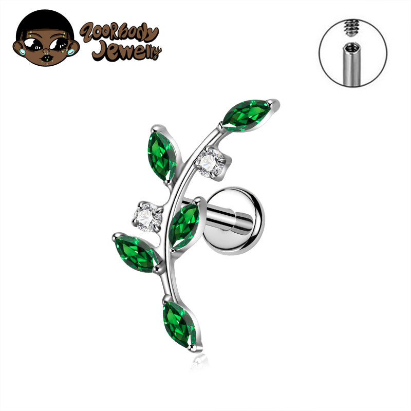 ZOOR ASTM F136 Titanium Curved Vine Marquise & Square CZ Internally Threaded Labret Stud Helix Tragus Piercing Earring