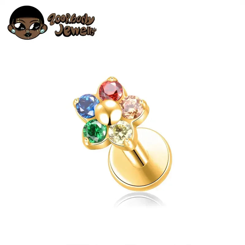 ZOOR ASTM F136 Titanium Flower CZ Internally Threaded Labret Stud 3.2mm & 4.5mm Tragus Helix Piercing Earring