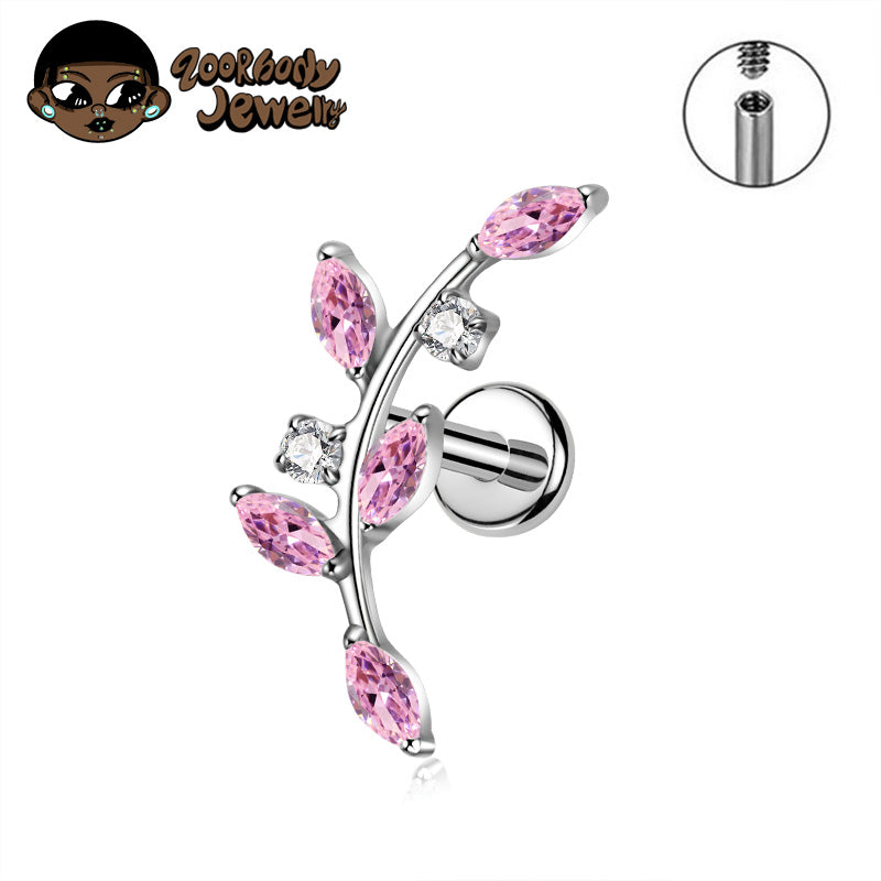 ZOOR ASTM F136 Titanium Curved Vine Marquise & Square CZ Internally Threaded Labret Stud Helix Tragus Piercing Earring