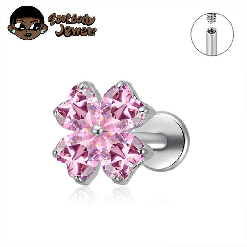 ZOOR ASTM F136 Titanium Four Leaf Clover Heart CZ Internally Threaded Labret Stud Tragus Helix Piercing Earring