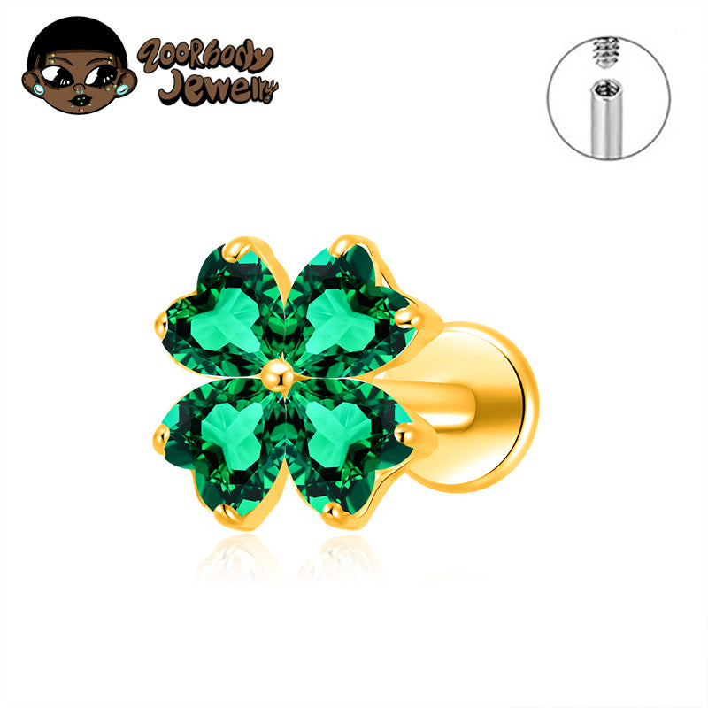 ZOOR ASTM F136 Titanium Four Leaf Clover Heart CZ Internally Threaded Labret Stud Tragus Helix Piercing Earring