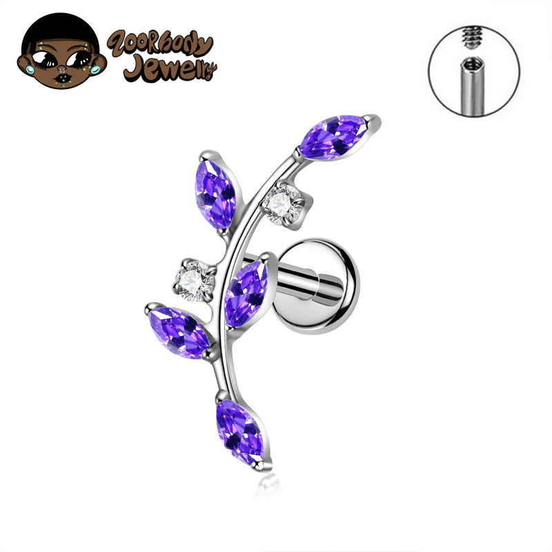 ZOOR ASTM F136 Titanium Curved Vine Marquise & Square CZ Internally Threaded Labret Stud Helix Tragus Piercing Earring