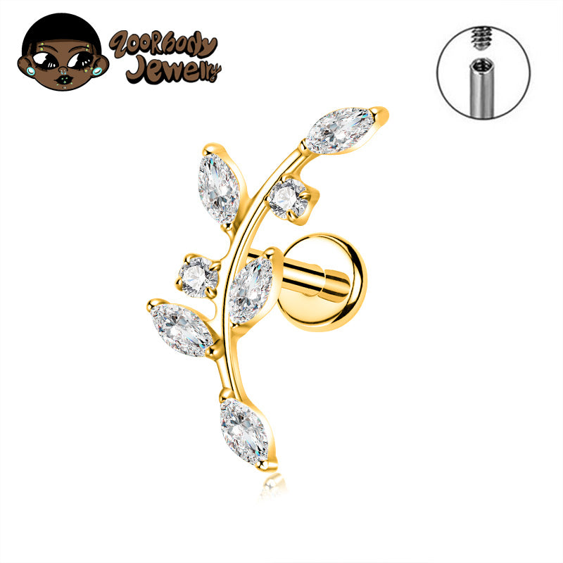 ZOOR ASTM F136 Titanium Curved Vine Marquise & Square CZ Internally Threaded Labret Stud Helix Tragus Piercing Earring